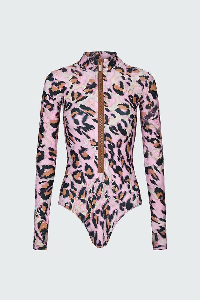 Watskin bodysuit in Pink Leopard shown against a white background