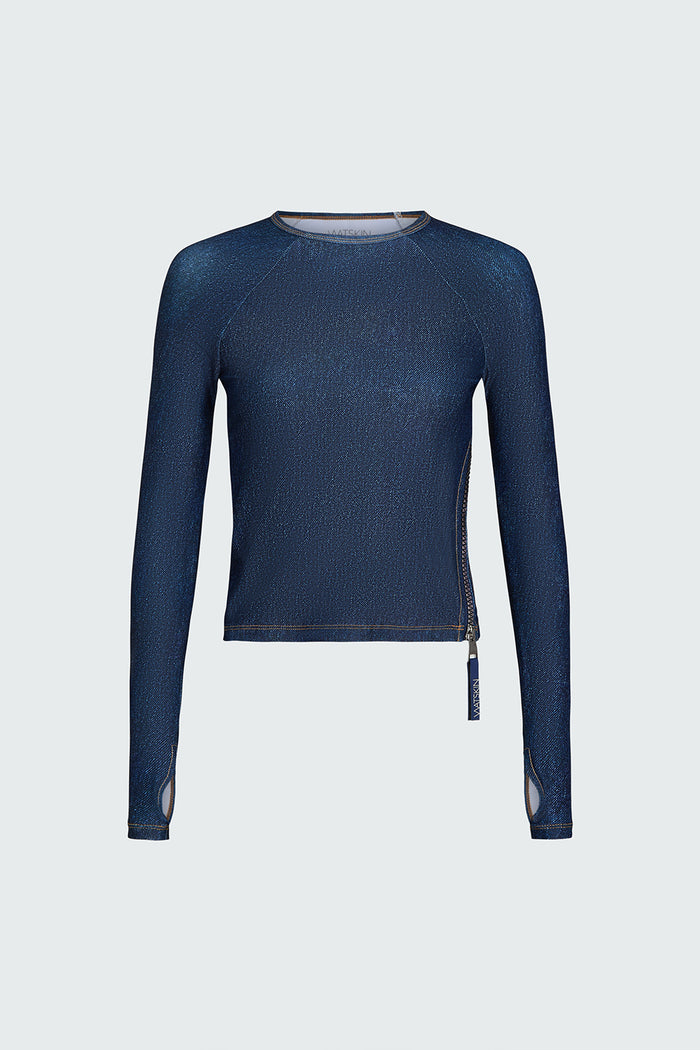 Watskin Sasha rashguard in Blue Denim shown flat against white background