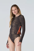 Female modeling Watskin Sasha tee and Belle bikini bottoms in Leopard