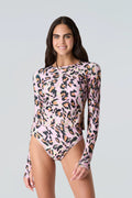 Female modeling Watskin Sasha tee and Belle bikini in Pink Leopard