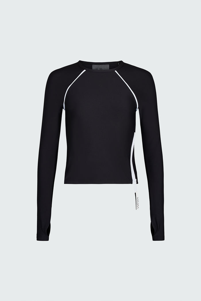 Watskin Sasha long sleeve tee in black with white tipping against a white background