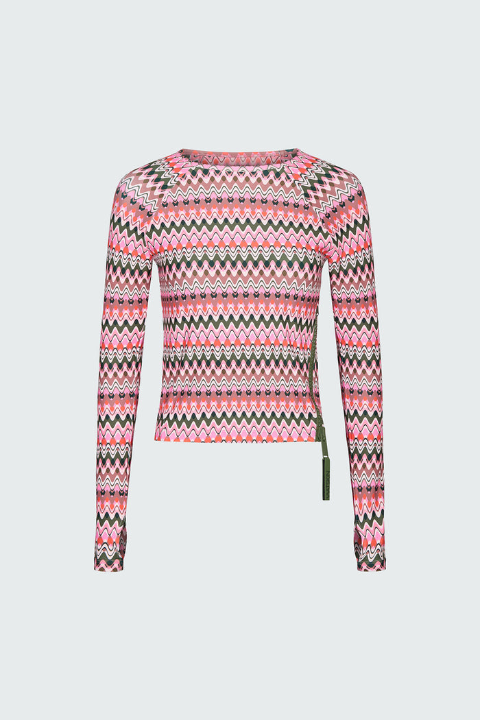Product flat of a pink and green wavy striped patterned long sleeve swim top on a white background