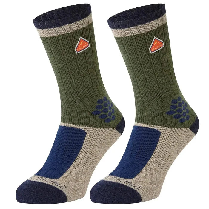 SealSkinz Gresham Recycled Wool Mid Cashmere Sock in green, navy, and beige with reinforced heel and toe. Durable, eco-friendly, and comfortable. Olive Green from  John Bull Clothing