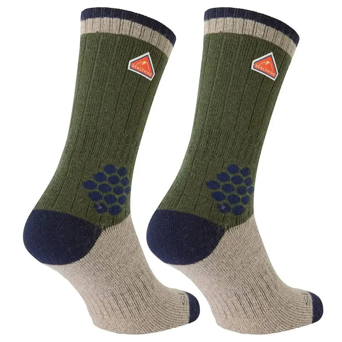 Pair of SealSkinz Gresham Recycled Wool Mid Cashmere Socks in green with navy and beige accents. Designed for warmth, durability, and sustainability.  from  John Bull Clothing