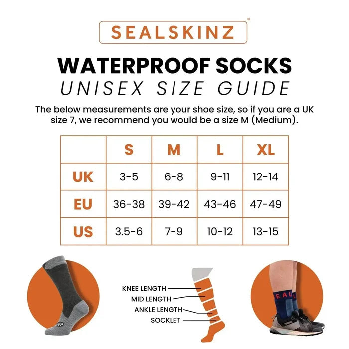 SealSkinz waterproof socks unisex size guide with UK, EU, and US conversions. Includes visual sock length comparison for accurate fit selection.  from  John Bull Clothing