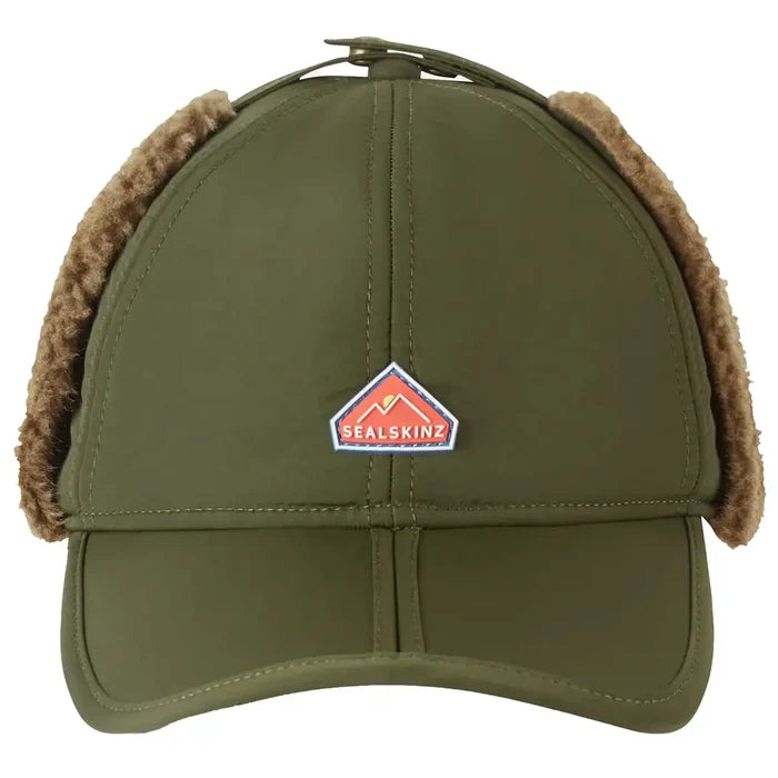 Olive green Sealskinz Upton WP Extreme Cold Weather Puffer Hat featuring fleece-lined ear flaps and waterproof design for cold climates. Olive from  John Bull Clothing