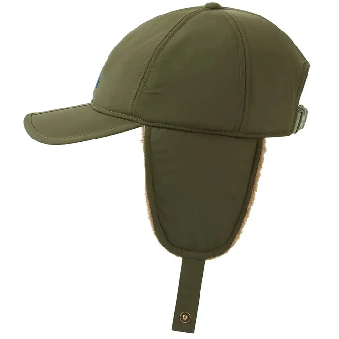 Side view of olive Sealskinz Upton WP Extreme Cold Weather Puffer Hat showing extended ear flaps and chin strap for secure fit in winter.  from  John Bull Clothing