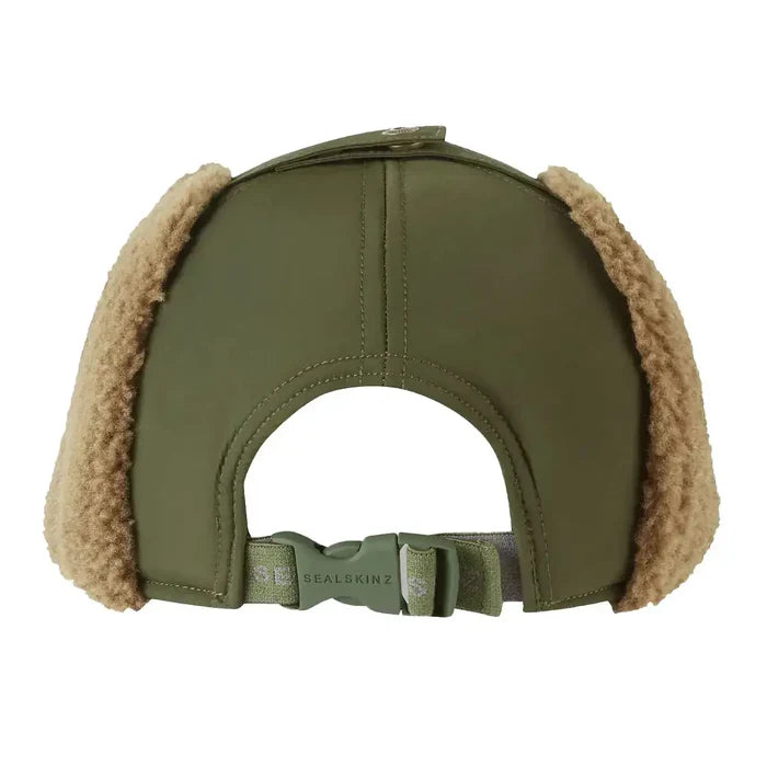 Back view of olive Sealskinz Upton WP Extreme Cold Weather Puffer Hat with adjustable strap and fleece-lined ear flaps for warmth.  from  John Bull Clothing