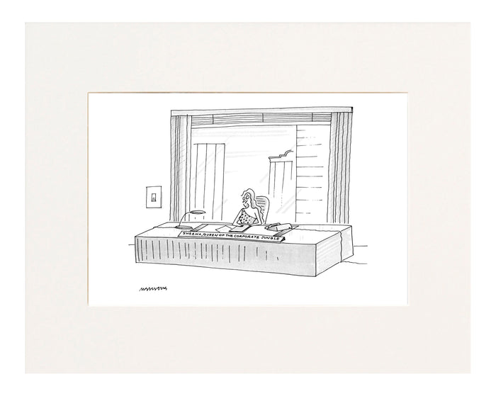 (Woman in leopard skin dress at desk with name plate "Sheena, Queen Of The Corporate Jungle".)