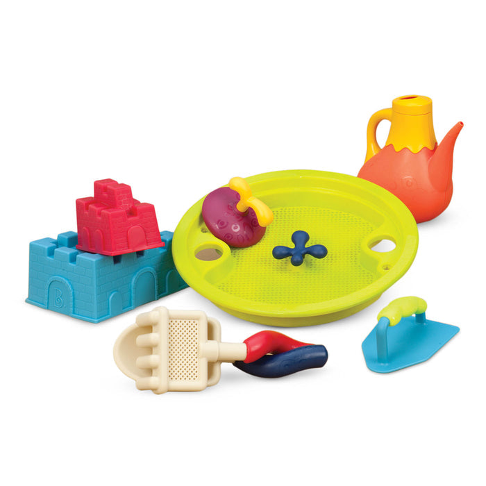 Beach toys with blue bucket.