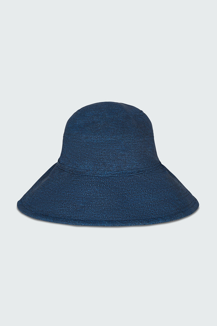Watskin Sienna sunhat shown flat in Blue Denim