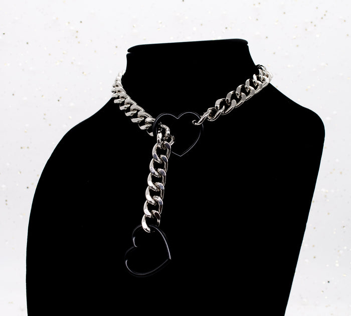 Silver and Black Heart Slip Chain Collar