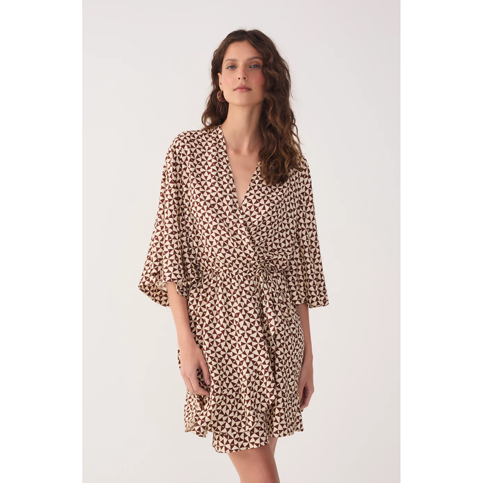 Solar Corrida Printed Wrap Mini Dress in Beige - Romantiques