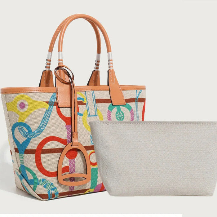 Stella Small Canvas & Leather Tote Bag / Colorful