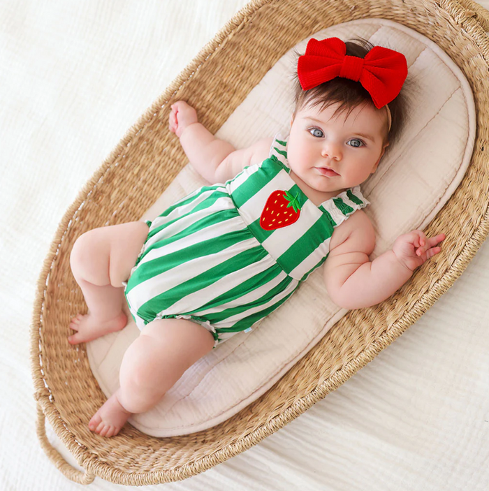 Strawberry Stripe Ruffled Strap Bubble Romper