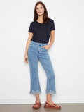 Stretch Denim Bootcut Pants with Fringed Hem