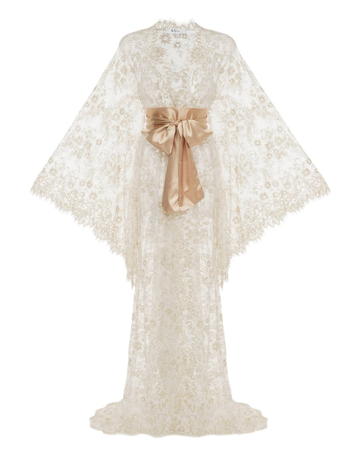 Lace Robe for Bride with wide sleeves, train, and champagne sash – Kafemme