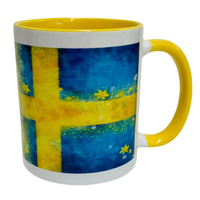 Swedish Flag with Flowers coffee mug with yellow handle