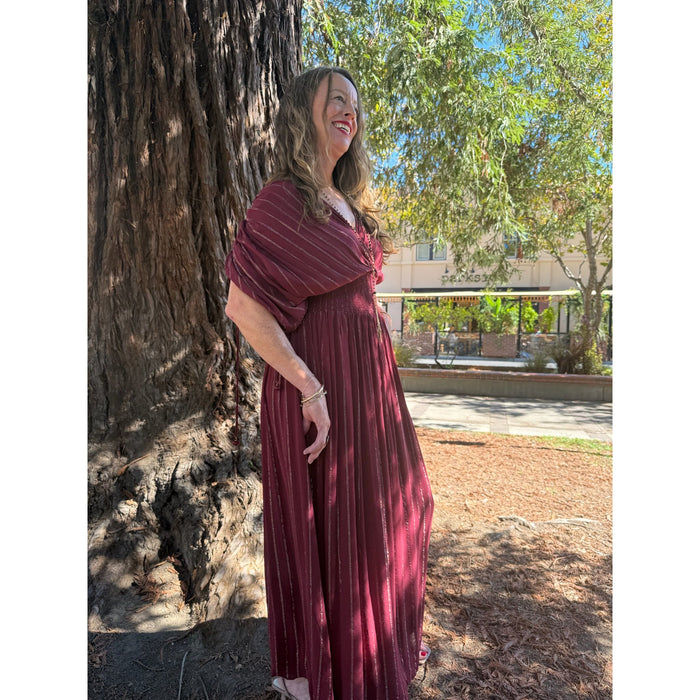 Tamia Long Lurex Dress with Smocked Yoke in Wine - Romantiques