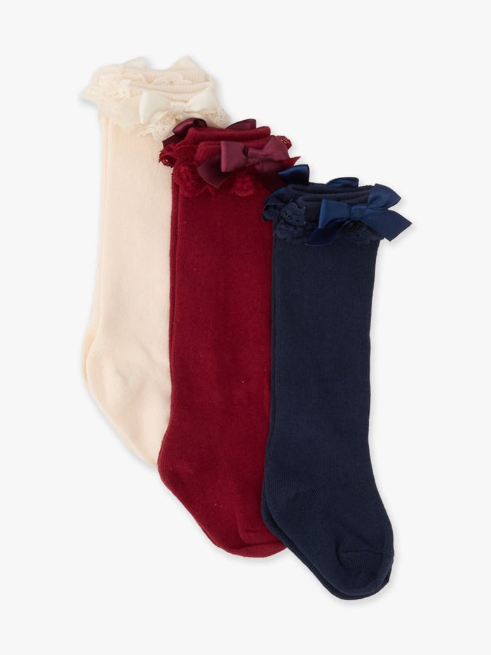 Three-Pack Lace Ruffle Bow Knee High Socks