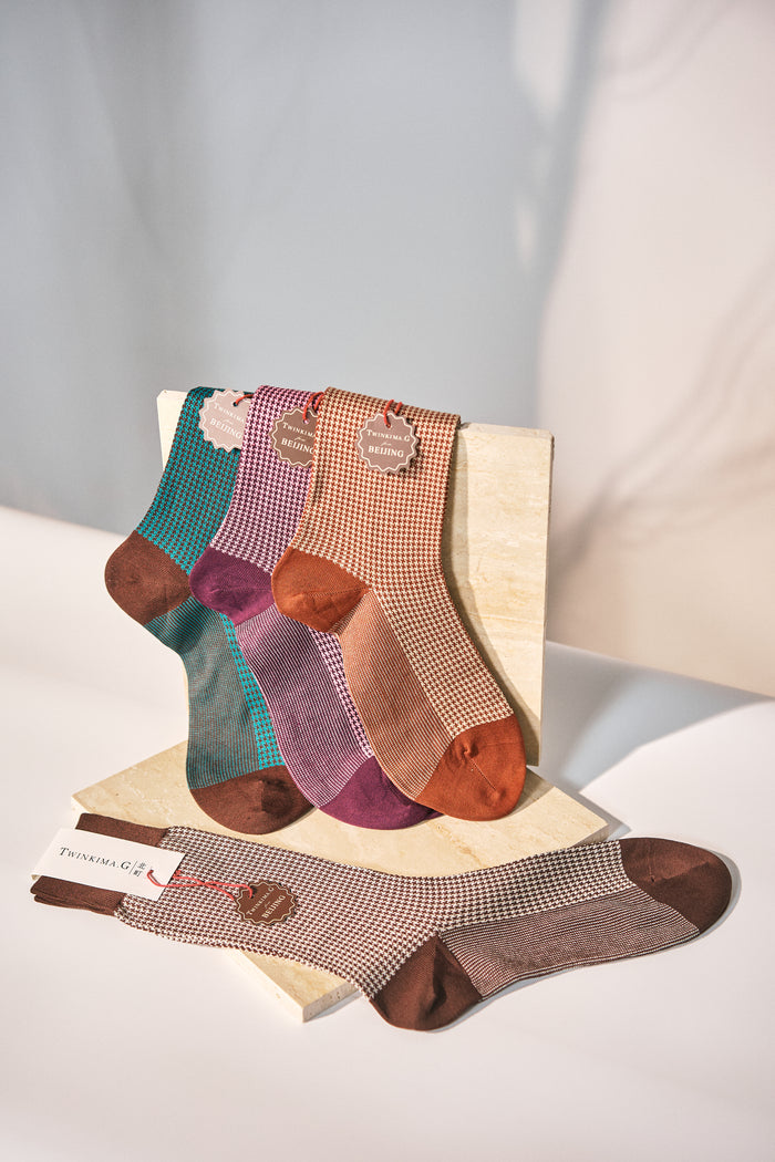 Twinkima.G - Houndstooth Socks - Brown/Cream (Mid-Calf)