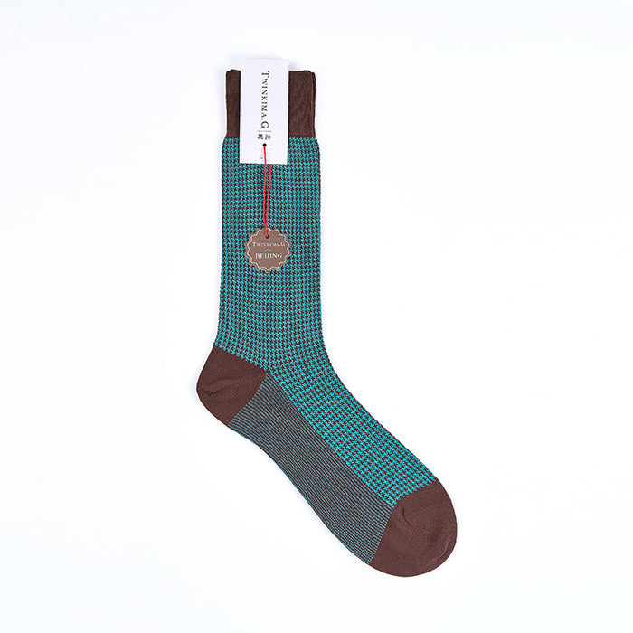 Twinkima.G - Houndstooth Socks - Brown/Turquoise (Mid-Calf)