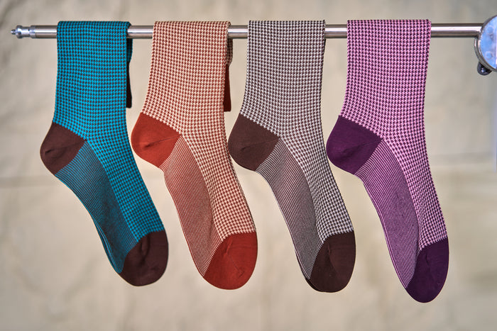 Twinkima.G - Houndstooth Socks - Brown/Turquoise (Mid-Calf)
