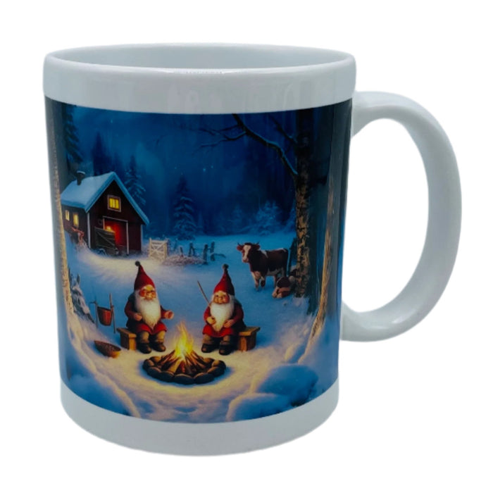 Two Gnomes by the Fire with Cow Coffee Mug