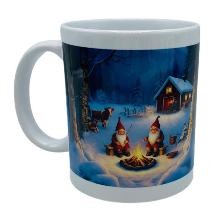 Two Gnomes by the Fire with Cow Coffee Mug