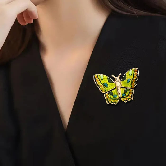 Vivid Green Enamel Butterfly Brooch in Green