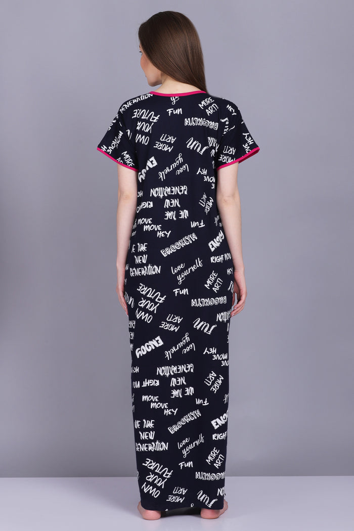 Women Cotton Sinker Typography Print All Season Nighty