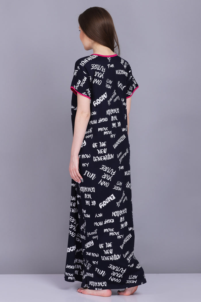 Women Cotton Sinker Typography Print All Season Nighty