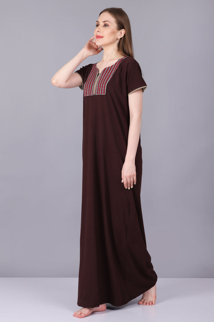 Women Hosiery Solid Brown Night Gown | Maxi | Nighty | Embroidery Neck | With Pocket