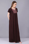Women Hosiery Solid Brown Night Gown | Maxi | Nighty | Embroidery Neck | With Pocket