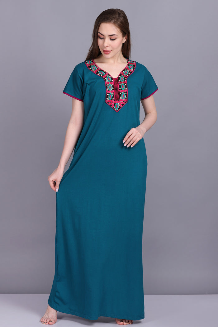 Women Hosiery Solid Cyan Night Gown | Maxi | Nighty | Embroidery Neck | With Pocket