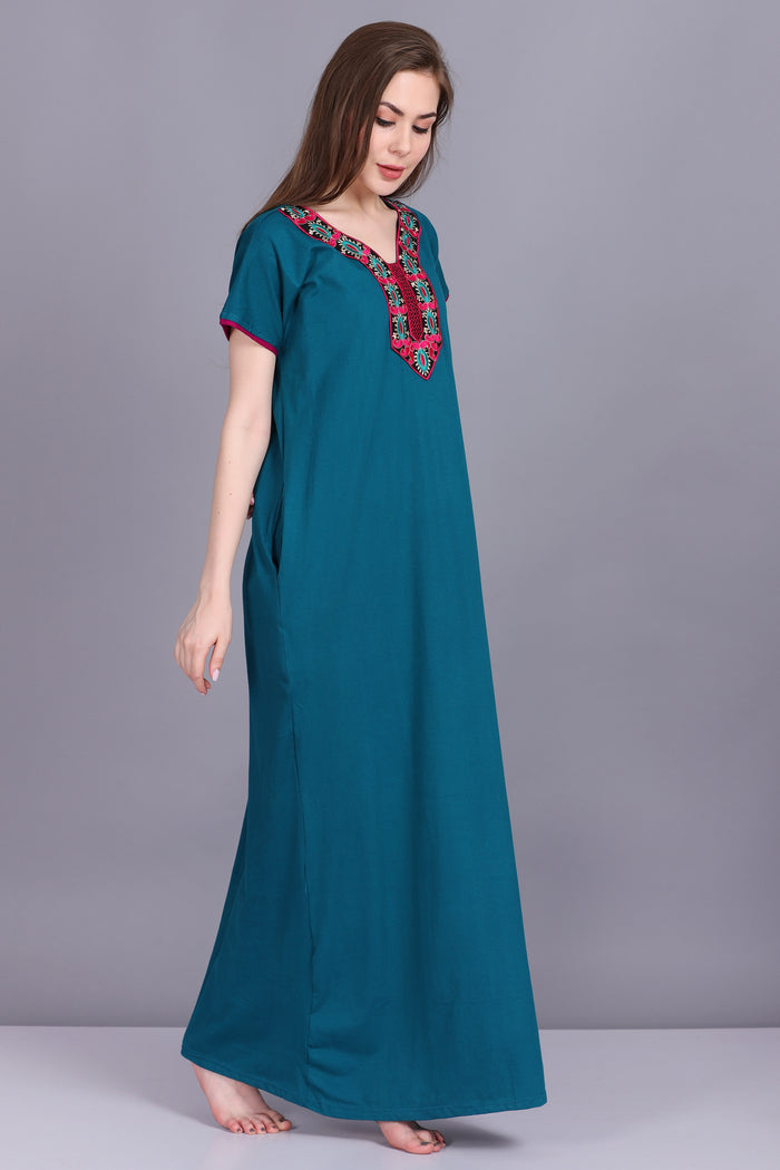Women Hosiery Solid Cyan Night Gown | Maxi | Nighty | Embroidery Neck | With Pocket