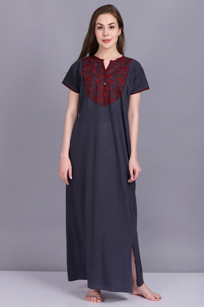 Women Hosiery Solid Grey Night Gown | Maxi | Nighty | Embroidery Neck | With Pocket