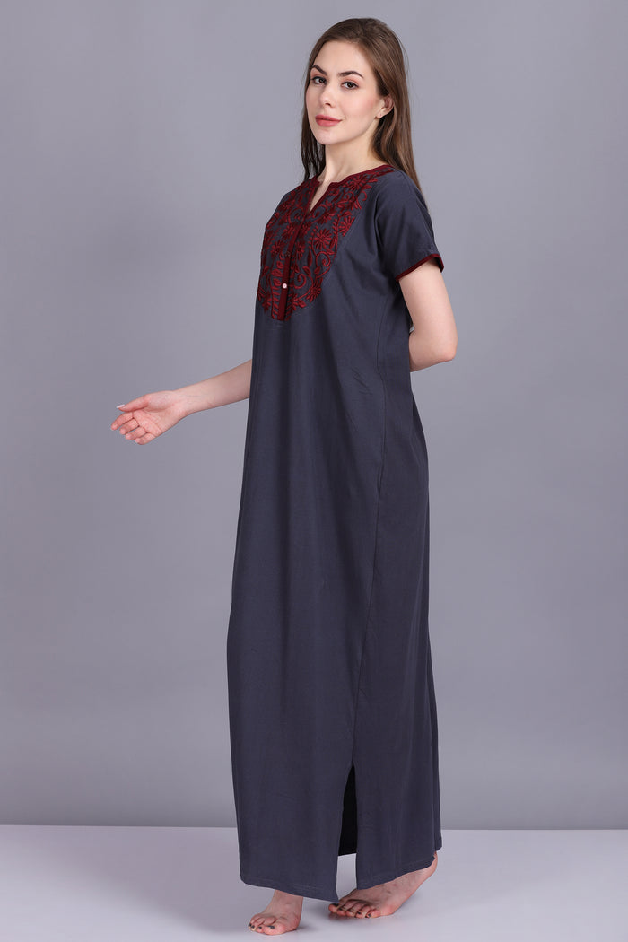 Women Hosiery Solid Grey Night Gown | Maxi | Nighty | Embroidery Neck | With Pocket