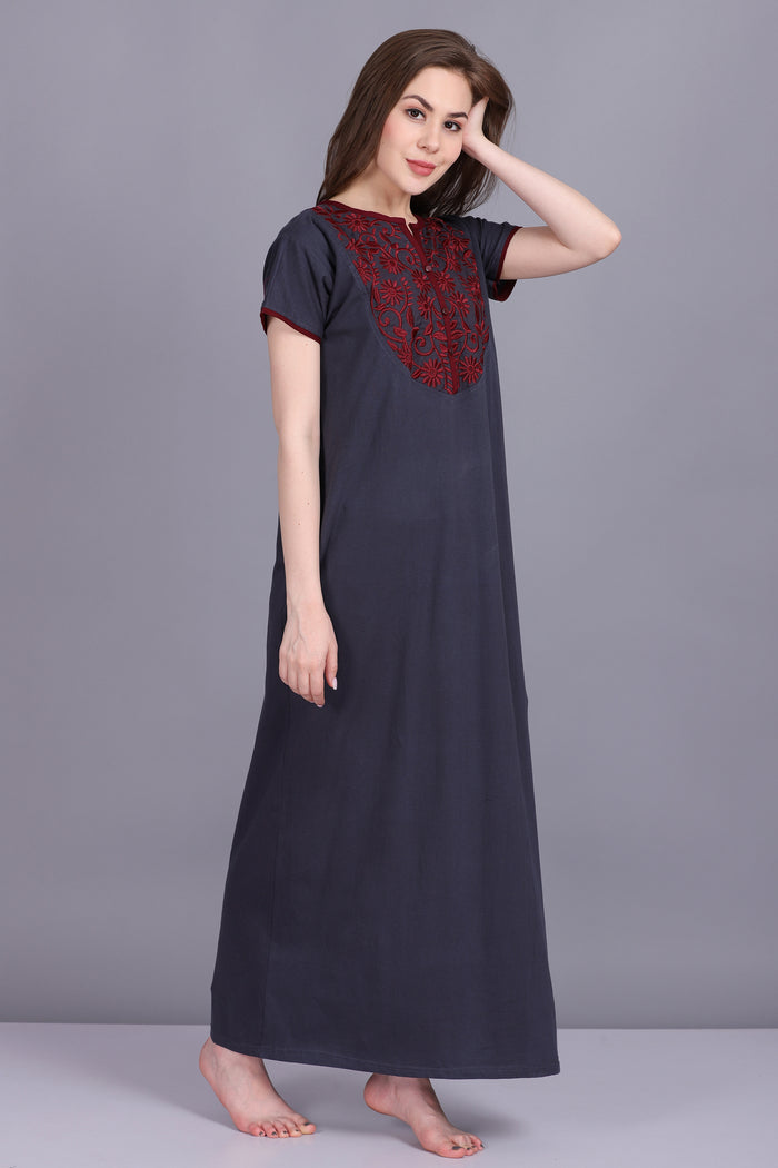 Women Hosiery Solid Grey Night Gown | Maxi | Nighty | Embroidery Neck | With Pocket