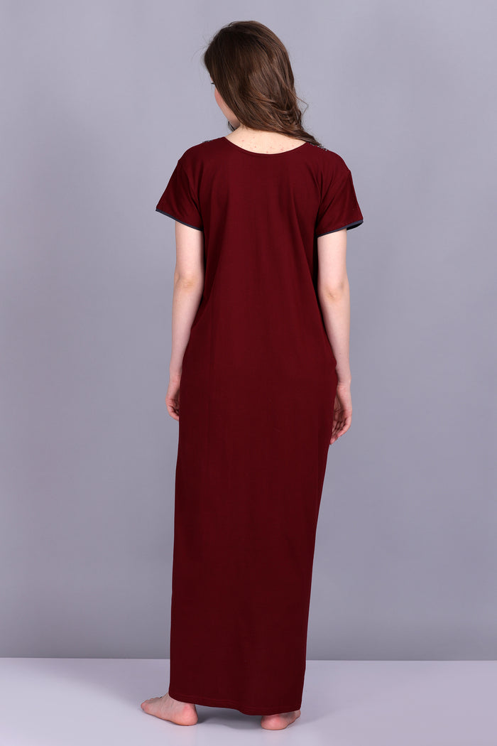 Women Hosiery Solid Maroon Night Gown | Maxi | Nighty | Embroidery Neck | With Pocket