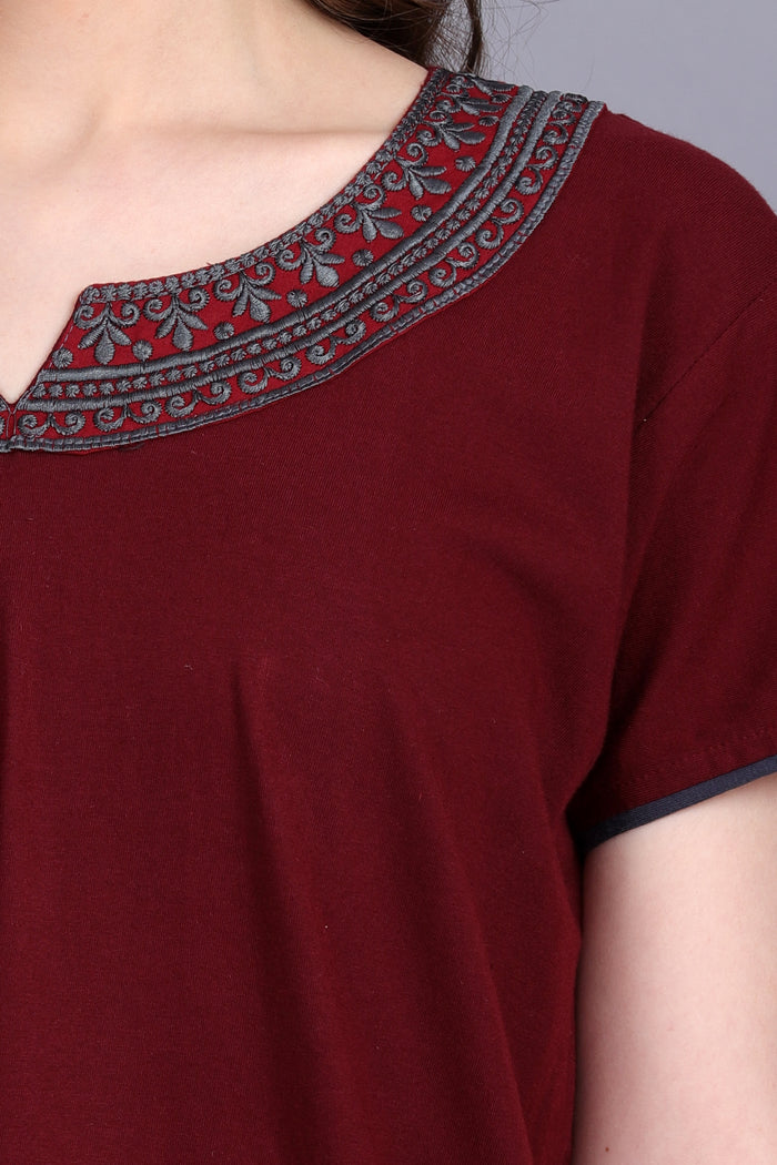 Women Hosiery Solid Maroon Night Gown | Maxi | Nighty | Embroidery Neck | With Pocket