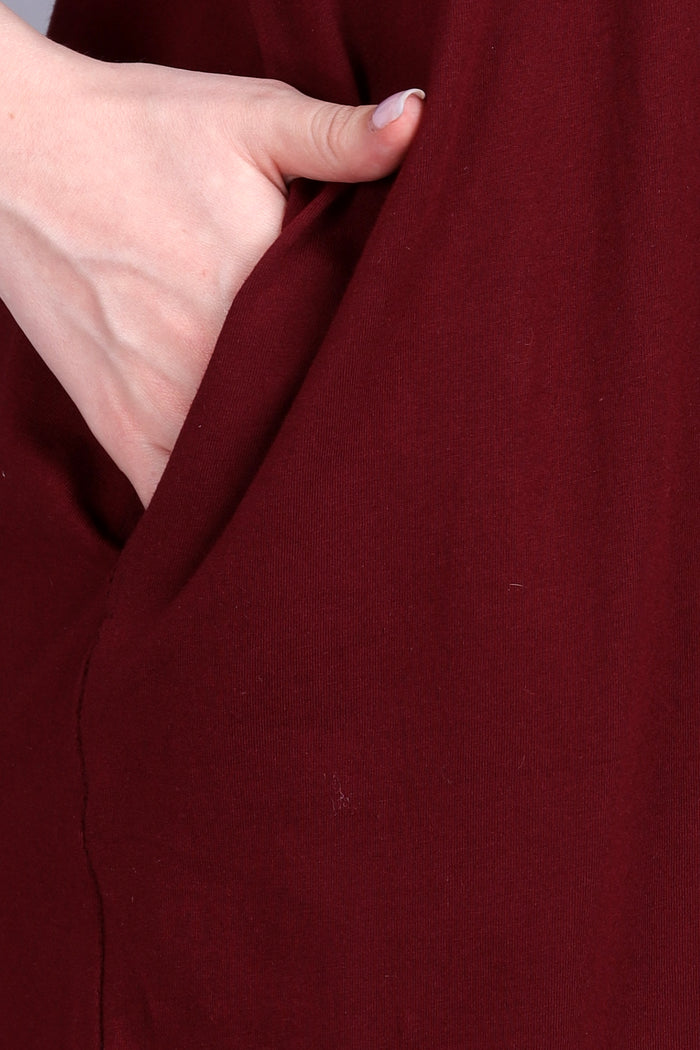Women Hosiery Solid Maroon Night Gown | Maxi | Nighty | Embroidery Neck | With Pocket