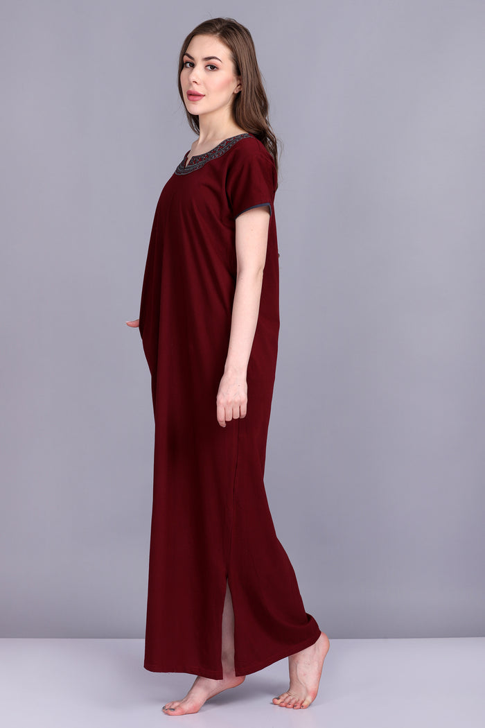 Women Hosiery Solid Maroon Night Gown | Maxi | Nighty | Embroidery Neck | With Pocket