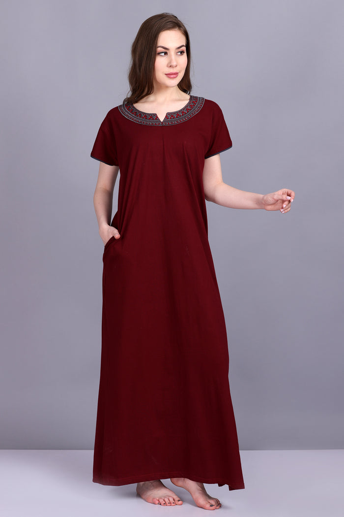 Women Hosiery Solid Maroon Night Gown | Maxi | Nighty | Embroidery Neck | With Pocket