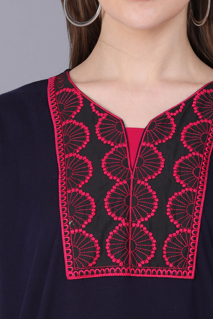 Women Hosiery Solid Navy Blue Night Gown | Maxi | Nighty | Embroidery Neck | With Pocket