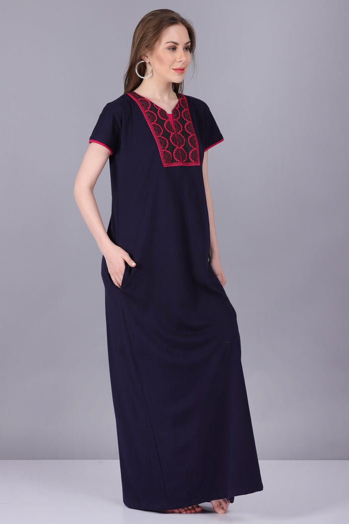 Women Hosiery Solid Navy Blue Night Gown | Maxi | Nighty | Embroidery Neck | With Pocket