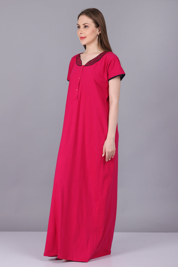 Women Hosiery Solid Pink Night Gown | Maxi | Nighty | Embroidery Neck | With Pocket