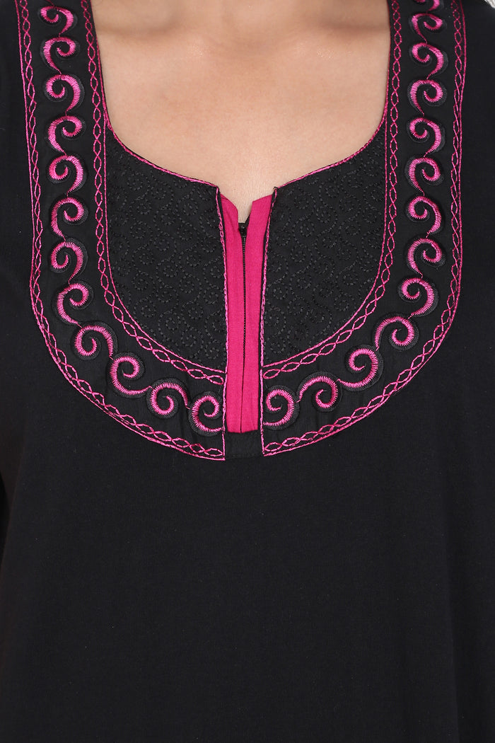 Women's Hosiery Black Plain Maxi Nightgown with Embroidery Neck