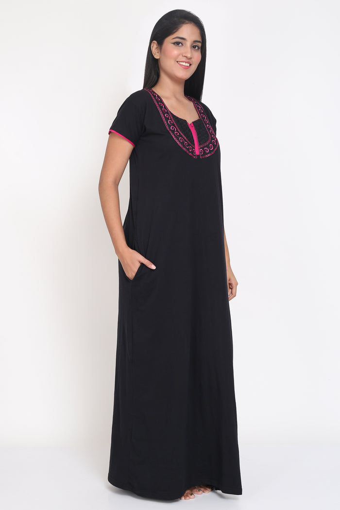 Women's Hosiery Black Plain Maxi Nightgown with Embroidery Neck