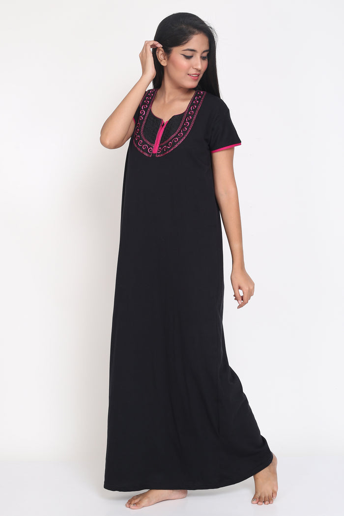 Women's Hosiery Black Plain Maxi Nightgown with Embroidery Neck